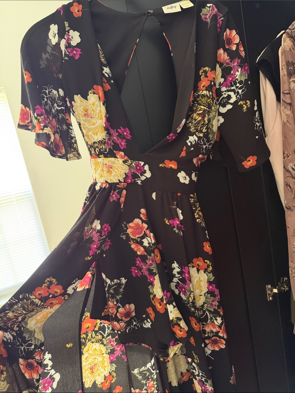 Daytrip Black Floral Backless Midi Dress with Keyhole